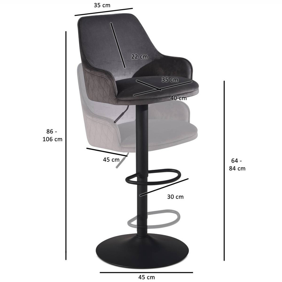Wohnling Barhocker aus Samt in Grau mit 360 Grad Drehsitz und lackiertem Eisen, B/H/T: 45 x 106 x 45 cm - Bild 4