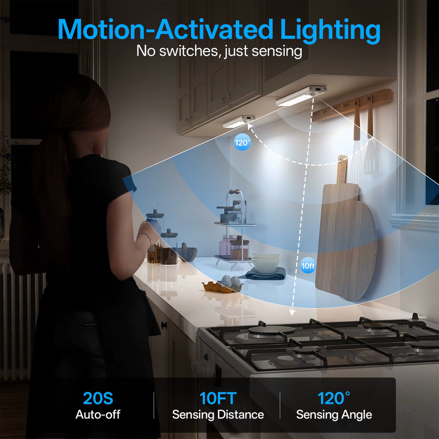 Pzsunly Unterschrankbeleuchtung mit Bewegungsmelder und Fernbedienung, wiederaufladbare LED Lichtleiste in Weiß für Küche, Schrank und Treppen - Bild 2
