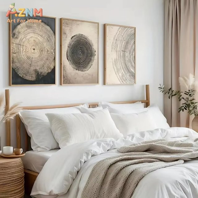 3-teiliges abstraktes Leinwandbild von Potdemiel im Bohemian-Stil mit Baumring-Motiv in Beige für deine Wanddekoration - Bild 1