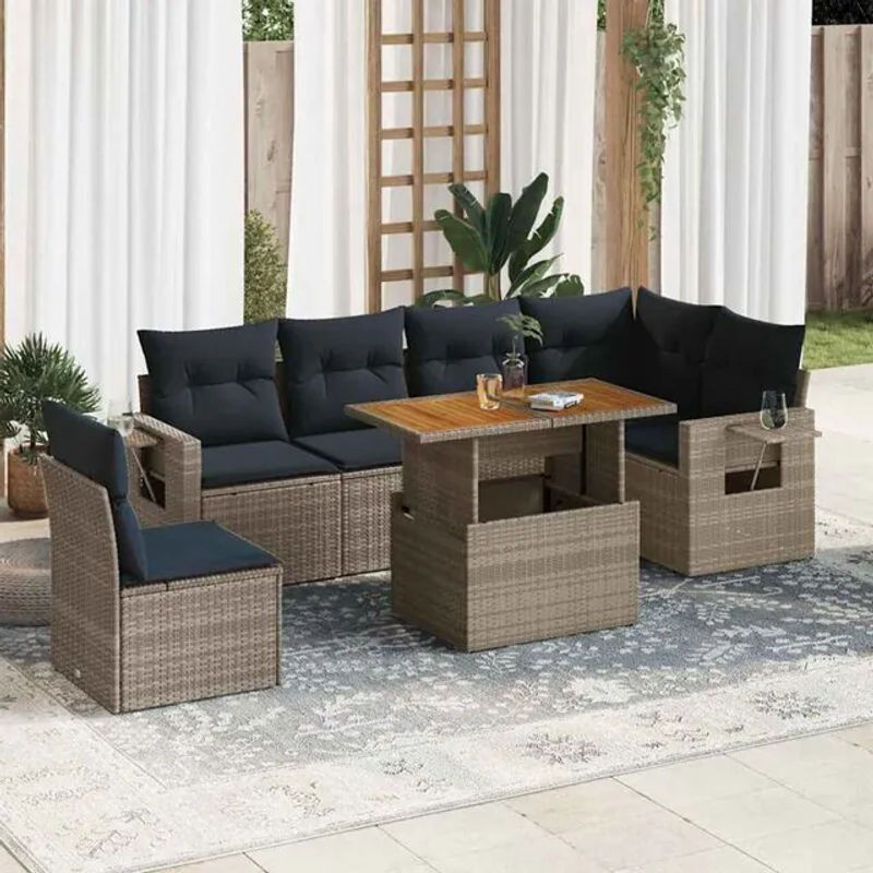 7-teilige moderne Garten-Sofagarnitur mit Kissen aus grauem Poly-Rattan von vidaxl - Bild 1
