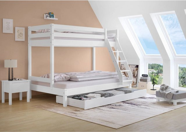 Erst-Holz Doppel Stockbett aus Massivholz für Erwachsene in Weiß mit Rollrost und Bettkasten, B/T/H: 80 x 200 x 158,5 cm - Bild 1