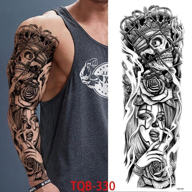 Temporäre Tattoo-Ärmel Unisex, Kompass Wolfskopf Auge Löwengott Feder, 480x170 mm - Bild 1