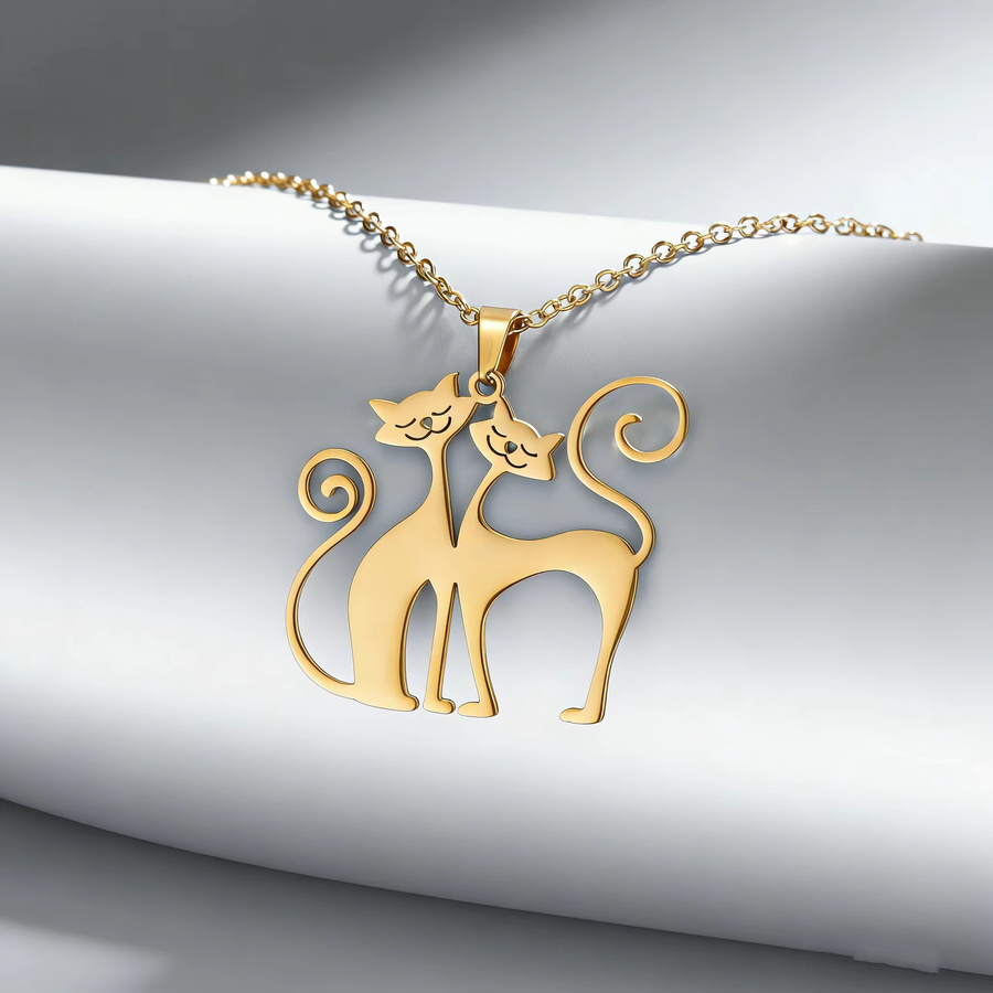 Lemegeton Katzen-Paar-Anhänger-Halskette, Edelstahl, Gold, Unisex - Bild 2