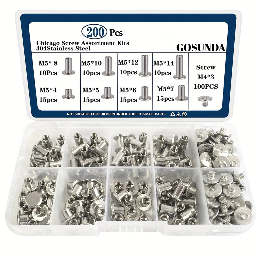 GOSUNDA Chicago-Schrauben Set aus 304 Edelstahl in Silber, 200 Stück Leder-Mischset mit 8 Größen für dein DIY Lederhandwerk - Bild 2