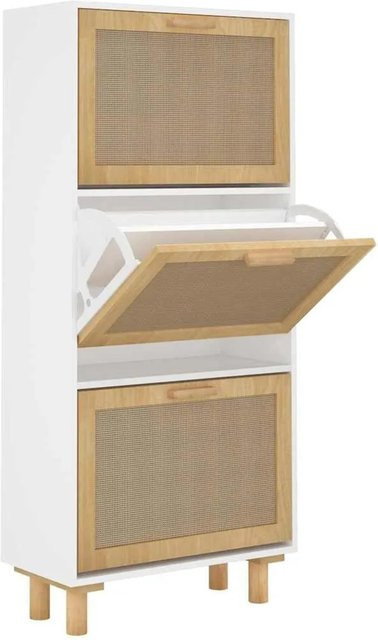 vidaXL Schuhschrank Weiß im skandinavischen Stil aus Kiefernholz und Natur-Rattan, B/T/H: 52 x 25 x 115 cm - Bild 1