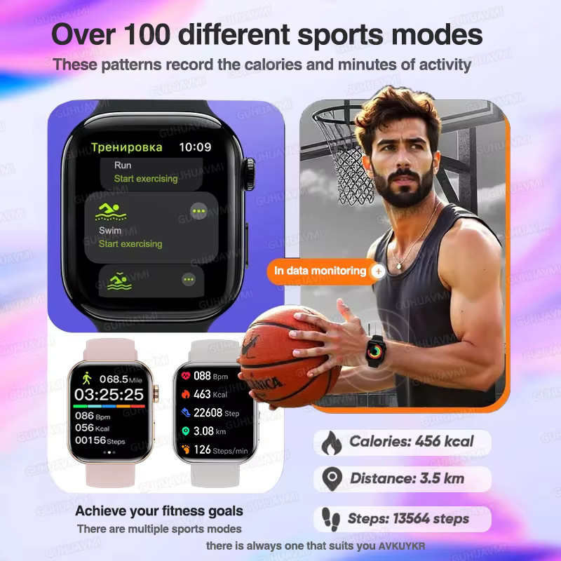 GUHUAVMI Smartwatch mit AMOLED Display, Bluetooth Anruf, GPS, Herzfrequenzmessung und Wasserdichtigkeit, Silber/Schwarz, Unisex - Bild 3