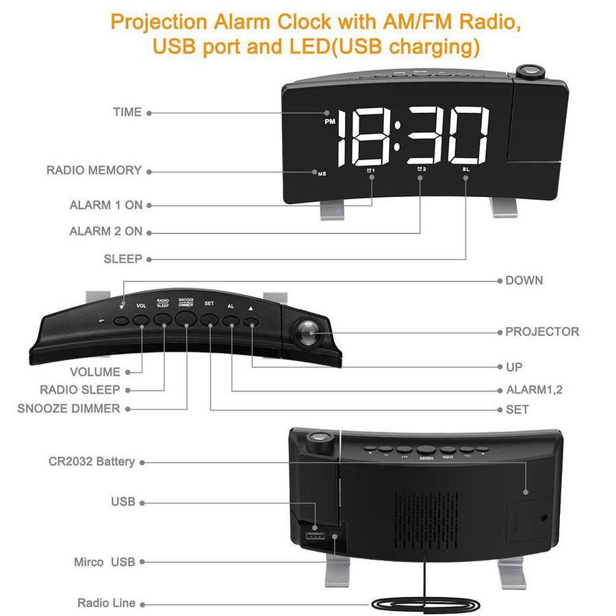 ZCXU LED Digital Projektionswecker mit FM-Radio in Schwarz und Blau - Bild 7