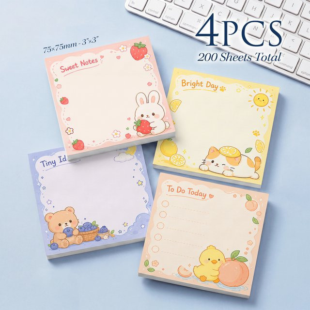 4 Stück Set mit 200 Blatt selbstklebenden Haftnotizen mit niedlichen Tier- und Fruchtmotiven, Multicolor, B/H: 7,5 x 7,5 cm - Bild 1
