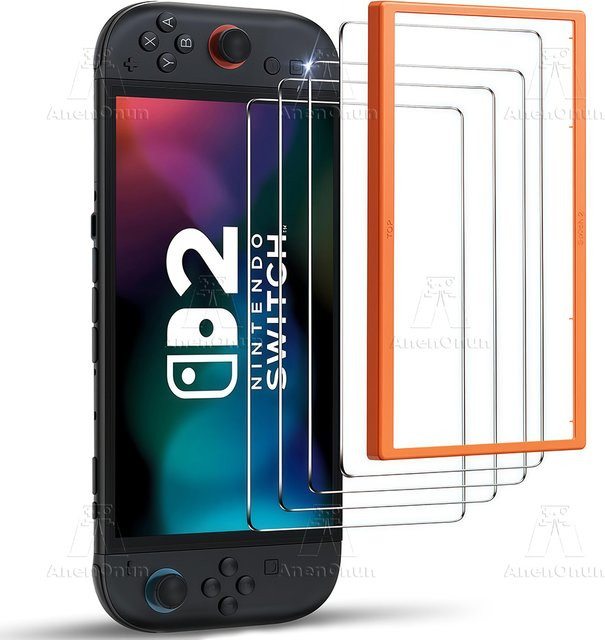 AnenOnun Ultra HD Panzerglas für Nintendo Switch 2 mit Ausrichtungsrahmen, transparent, bruchsicher und kratzfest - Bild 1
