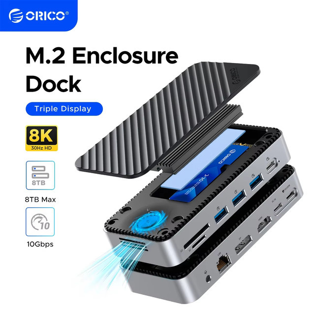 ORICO USB-C Display-Hub Dockingstation mit M.2 NVMe SATA SSD-Gehäuse, HDMI, RJ45 Ethernet und PD100W, Grau - Bild 1