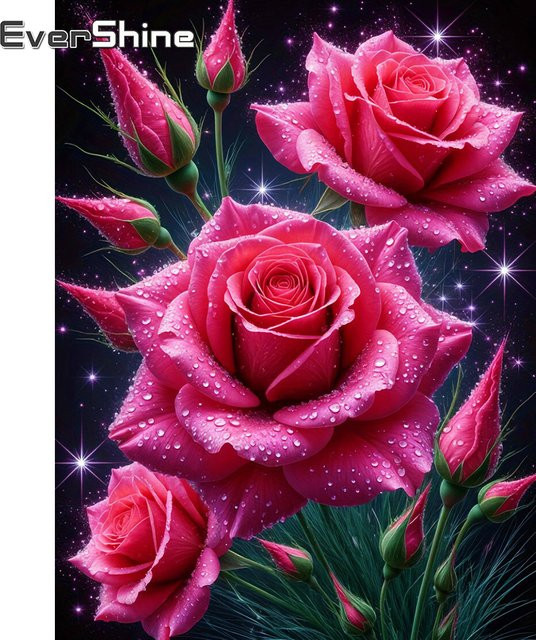 Evershine Diamant-Mosaik Bastelset mit Rosenbild aus Strasssteinen, florales Motiv, runde Steine, B/H: 20 x 30 cm - Bild 1
