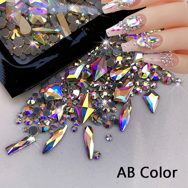 Nagelkunst-Set, 150 runde Glas-Strasssteine AB/klar, 20 Gold/Red Charms, glänzend - Bild 1