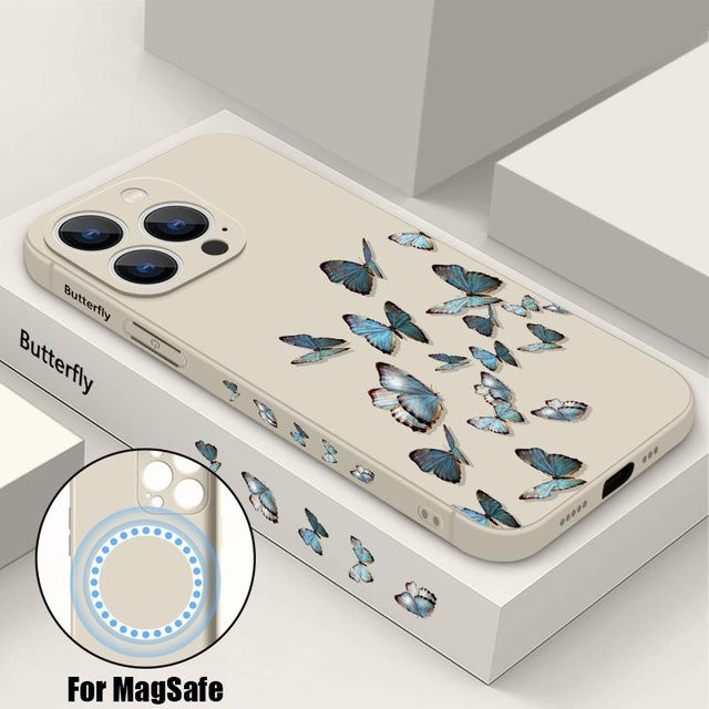 Magnetische Flüssigsilikon-Handyhülle mit Schmetterlingsmuster für Apple iPhone 16 15 14 13 12 Pro Max 11 16E kompatibel mit MagSafe, Farbe: Grau - Bild 1