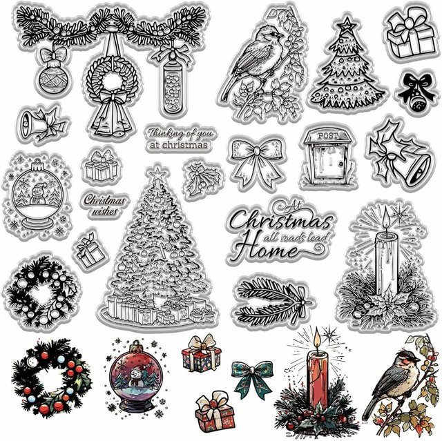 2er Set transparente Silikonstempel Frohe Weihnachten mit Motiven wie Weihnachtsbaum, Schneemann, Kränzen, Kerzen und Schleifen zur Wiederverwendung - Bild 1