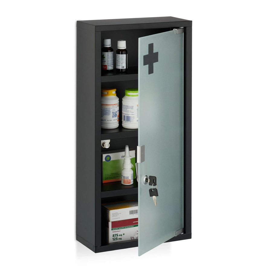 Relaxdays Medizinschrank aus Stahl und Glas in Schwarz, abschließbar und wandmontiert, B/T/H: 57 x 27 x 12 cm - Bild 2