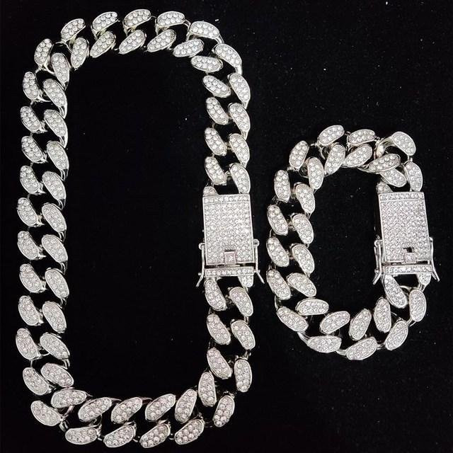 Wucifang Jewelry Halskette, Miami Cuban, Zinklegierung, Weiß, Kristall, Zirkonia, Unisex - Bild 1