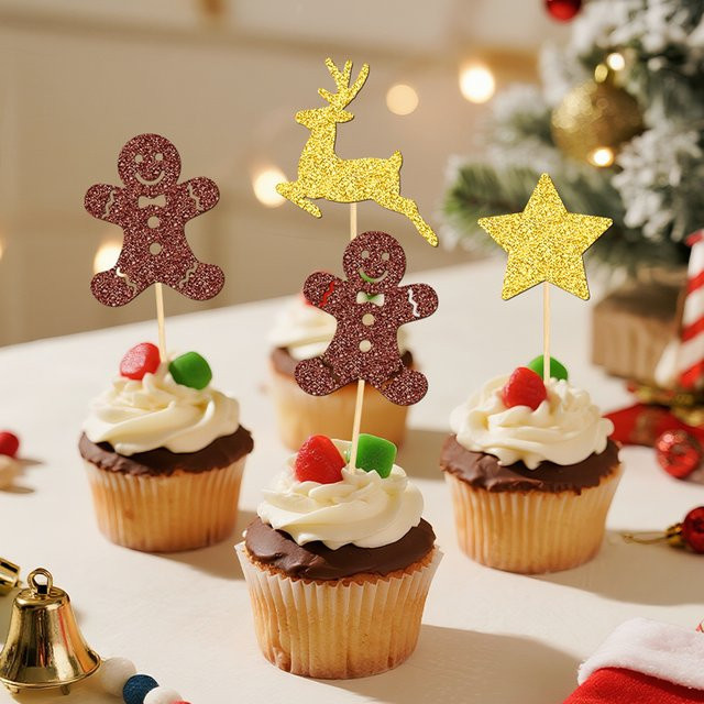 YOMDID 24 Stück Weihnachts-Kuchenaufsätze in Gold und Braun mit Hirsch und Stern als glitzernde Cupcake-Topper und Party-Kuchendekoration - Bild 1