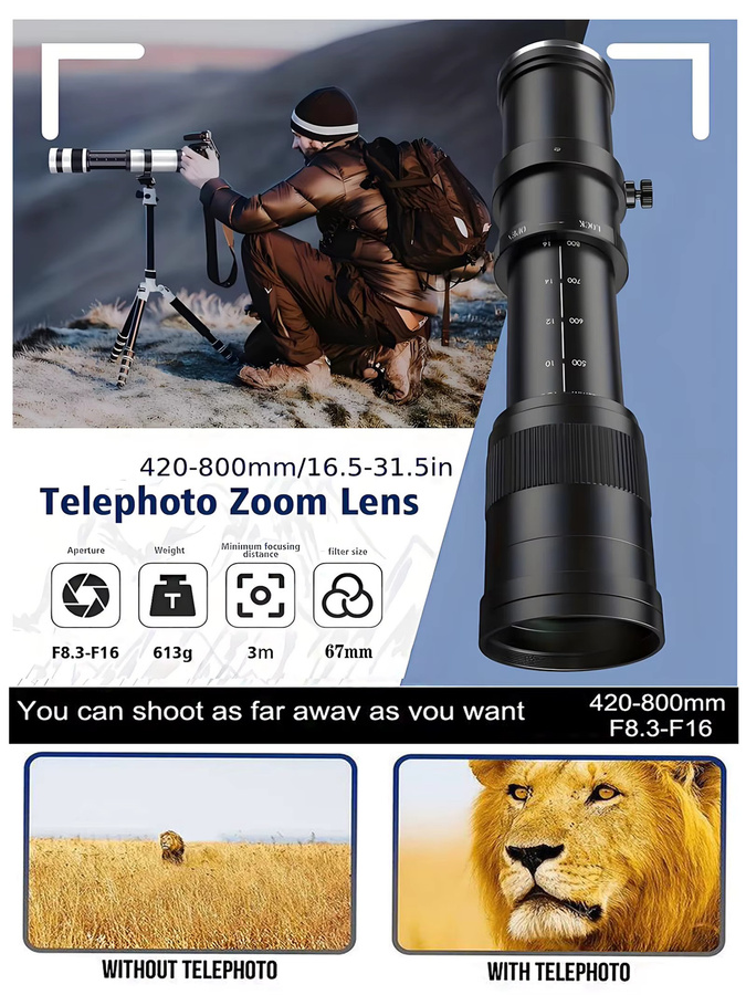 LIGINN Super-Teleobjektiv 420-800mm F/8.3 Manuelles Telezoom-Objektiv für Canon EF und Nikon F-Mount in Schwarz und Weiß - Bild 6