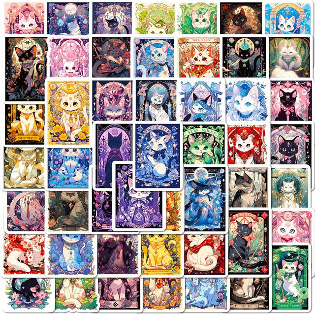 50 Stück Cartoon-Katze-Tarot-Aufkleber mit Wahrsagerei-Motiven von BulingBulingStickers Store in Multicolor - Bild 1