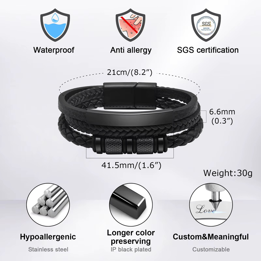 Vnox Armband, 3 Schichten, schwarz, PU Leder, Edelstahl, Herren - Bild 3