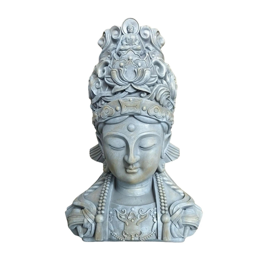 Relaxdays Buddha Büste aus Polyresin in Hellgrau und Beige mit Lotosblume, wetterfest und UV-beständig, B/T/H: 44 x 32 x 21 cm - Bild 2