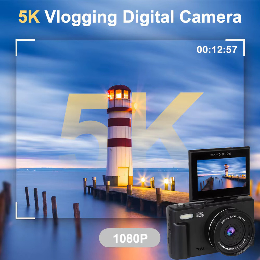 Ourlife 5K Kompakte Digitalkamera mit 18-fachem Digitalzoom und 180 Grad Flip-Screen für Vlogs und Reisen in Schwarz oder Weiß - Bild 6