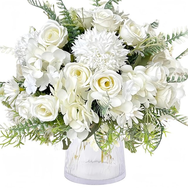 Künstlicher Blumenstrauß aus Seide mit Rosen und Chrysanthemen in Weiß von Yusheng für Hochzeit und Dekoration - Bild 1