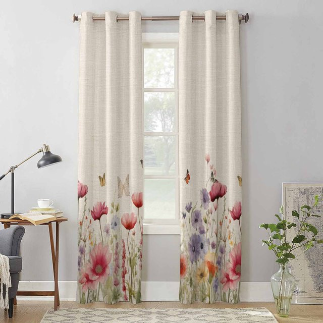 Binchi Outdoor Equipment Fenstergardine mit Aquarell Gänseblümchen und Schmetterling, halbtransparent, floral, Mehrfarbig, B: 135 cm, H: 115 cm - Bild 1