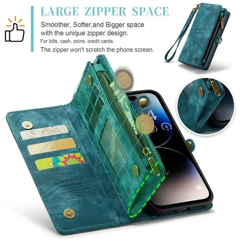 CaseMe Magnetische Flip-Leder-Handyhülle mit Reißverschluss-Geldbörse für iPhone 17 Pro, 16, 15, 14, 13, 12, 11 und XS XR X in Schwarz, Braun, Grün oder Rot - Bild 2