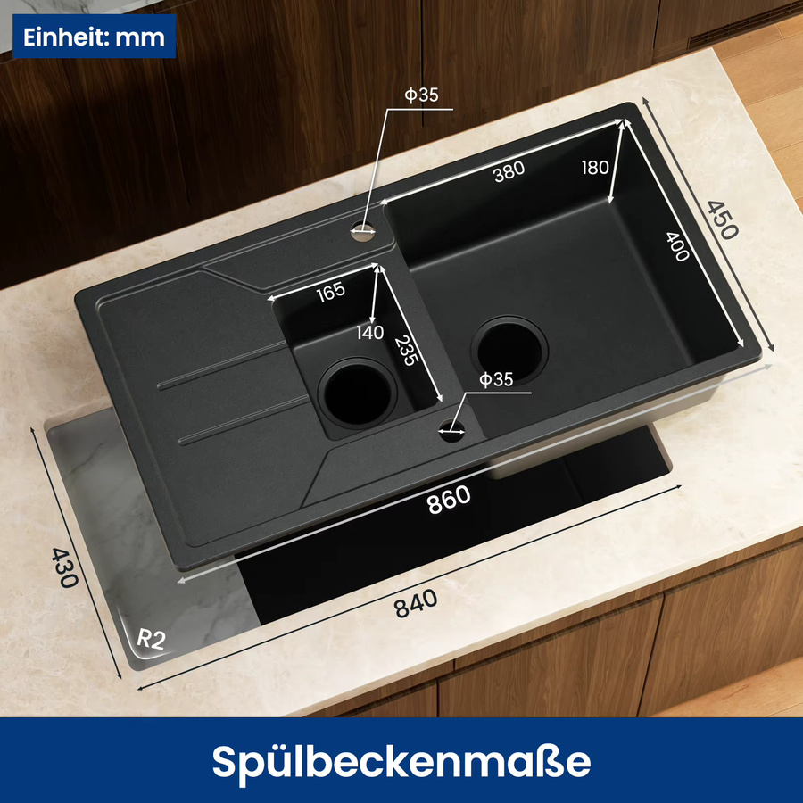 CECIPA max Küchenspüle aus Granit-Verbundwerkstoff in Schwarz, Unterbau-Spüle mit Abtropffläche, B/T: 86 x 45 cm - Bild 7