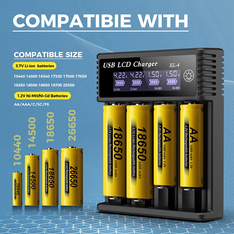 Elough Batterieladegerät mit 1/2/4 Steckplätzen für 3,7 V Lithium-Akkus und 1,2 V NI-MH AA/AAA Batterien, USB-Ladegerät in Schwarz - Bild 3