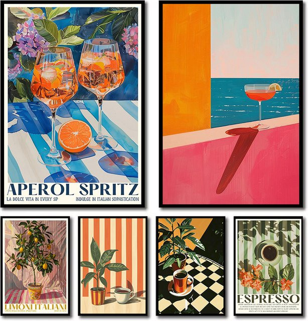 Retro Wandkunst Leinwandmalerei Aperol Spritz und Zitronenbaum Motiv für Küche und Esszimmer in Mehrfarbig - Bild 1