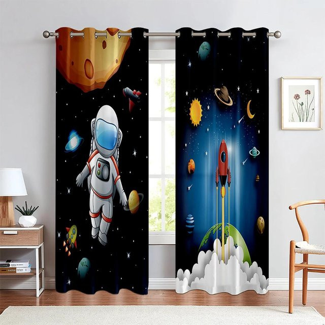 Niedliche Weltraum Vorhänge mit Cartoon-Astronaut, Raketen und Planeten für Kinderzimmer und Wohnzimmer, 2er-Set, Mehrfarbig, Breite: 50 cm, Höhe: 160 cm - Bild 1