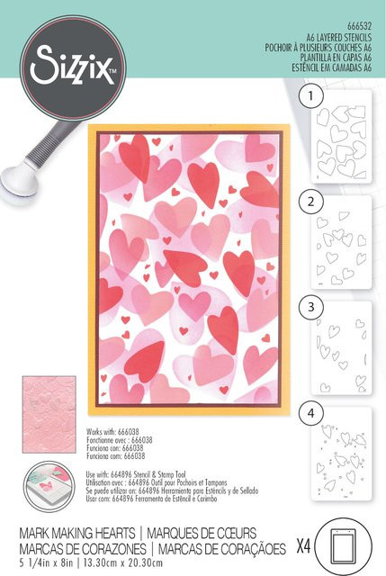 Sizzix Layered Stencils Mark Making Hearts Schablonen Set, 4 Stück, Transparent - Bild 1