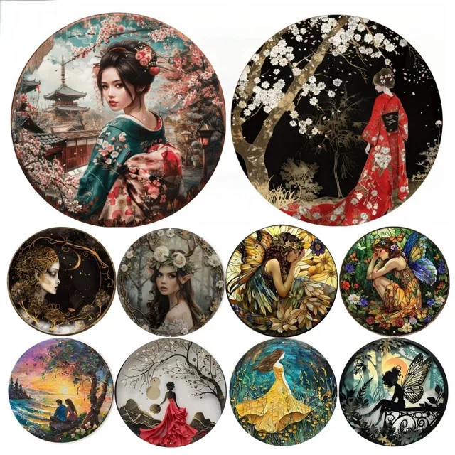 Rundes Metall-Blechschild mit japanischem Kimono und Masken-Motiv in Rot und Mehrfarbig, Durchmesser: 20 cm - Bild 1