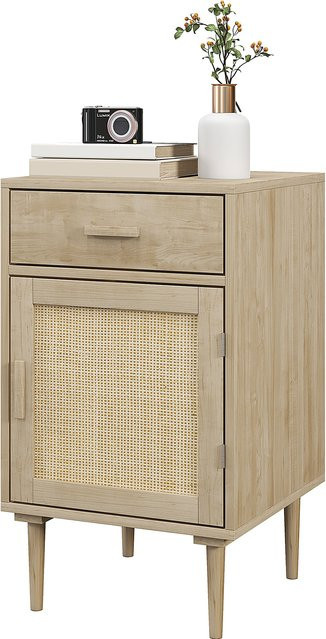 HOMCOM Nachttisch Beistelltisch im Bohème Design mit Schrank und geflochtener Rattantür sowie 1 Schublade, Natur, B/T/H: 40 x 40 x 68,5 cm - Bild 1