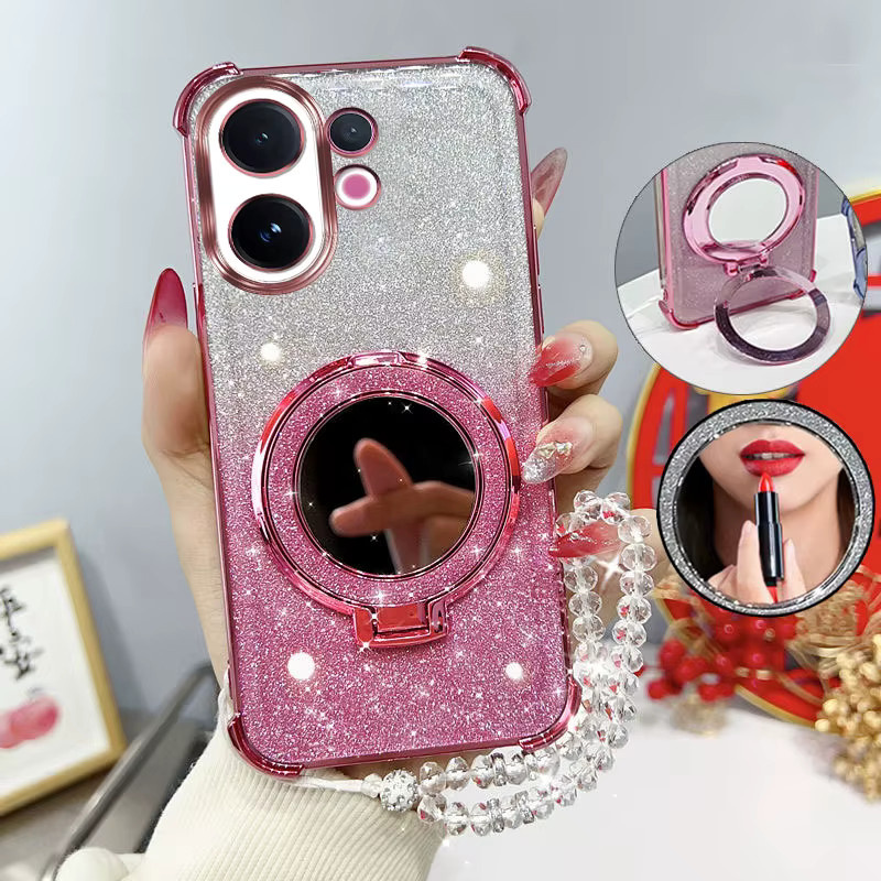 Stoßfeste Handyhülle von LIEI für Vivo V60 5G T4 Pro mit Glitzer-Effekt, Spiegelständer und Perlenband in Pink - Bild 2