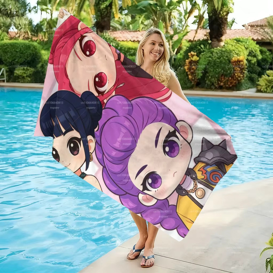 Potdemiel K-Pop Girl Group Chibi Strandtuch aus Mikrofaser, schnelltrocknendes Badetuch mit Anime-Cartoon-Druck, Mehrfarbig - Bild 2