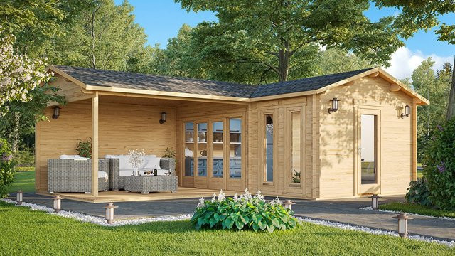 Eck-Gartenhaus Hansa Corner B aus Holz mit Terrasse, Außenmaß: 6 x 8 m, Grundfläche: 7 x 5 m - Bild 1