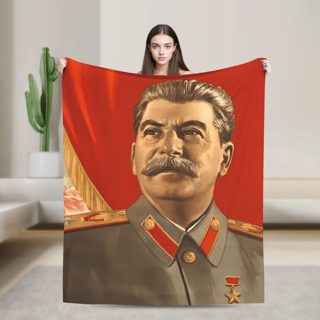 Potdemiel Flanell-Plüschdecke Lenin Joseph Stalin Design in Schwarz, weiche und flauschige Tagesdecke aus Polyester - Bild 1