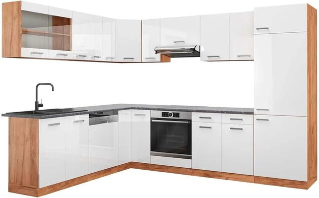 Vicco R-Line Eckküche modern in Weiß Hochglanz und Goldkraft Eiche mit Anthrazit, B/T/H: 227 x 287 x 207 cm - Bild 1