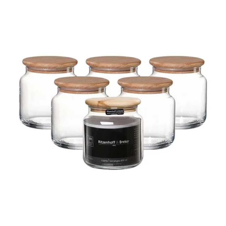 Ritzenhoff & Breker Varu Vorratsgläser Set aus Glas mit Holzdeckel, transparent, 6er Set, 600 ml pro Glas - Bild 2