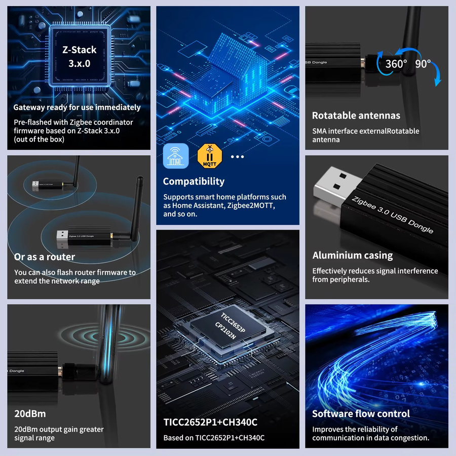 Haozee Zigbee 3.0 USB-Dongle universeller kabelloser Gateway-Hub für Hausautomation in Schwarz, kompatibel mit Home Assistant, Zigbee2MQTT, OpenHAB und Raspbian - Bild 4
