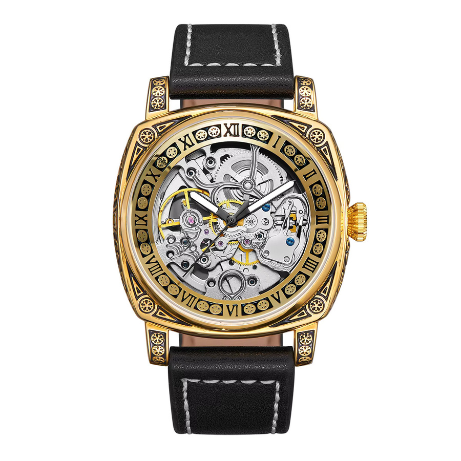 PINTIME Armbanduhr Automatik, Eckig, Gold, Leder, Herren - Bild 4