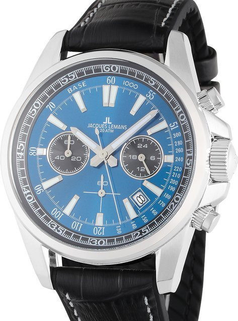 Jacques Lemans Chronograph, Quarz, Edelstahl, Leder, Blau, 44 mm, Herren - Bild 1