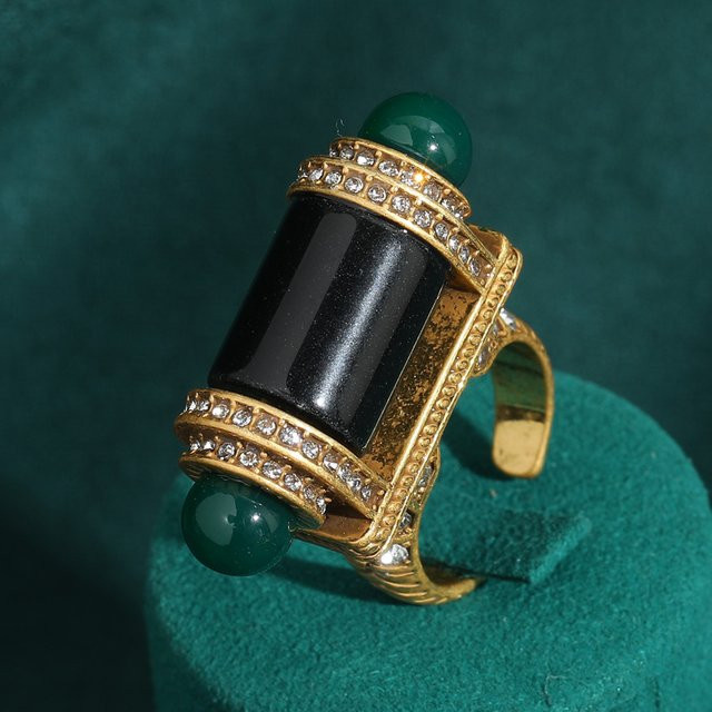 Icareu Ring, schwarzer Achat, grüner Naturstein, goldfarben, Damen - Bild 1