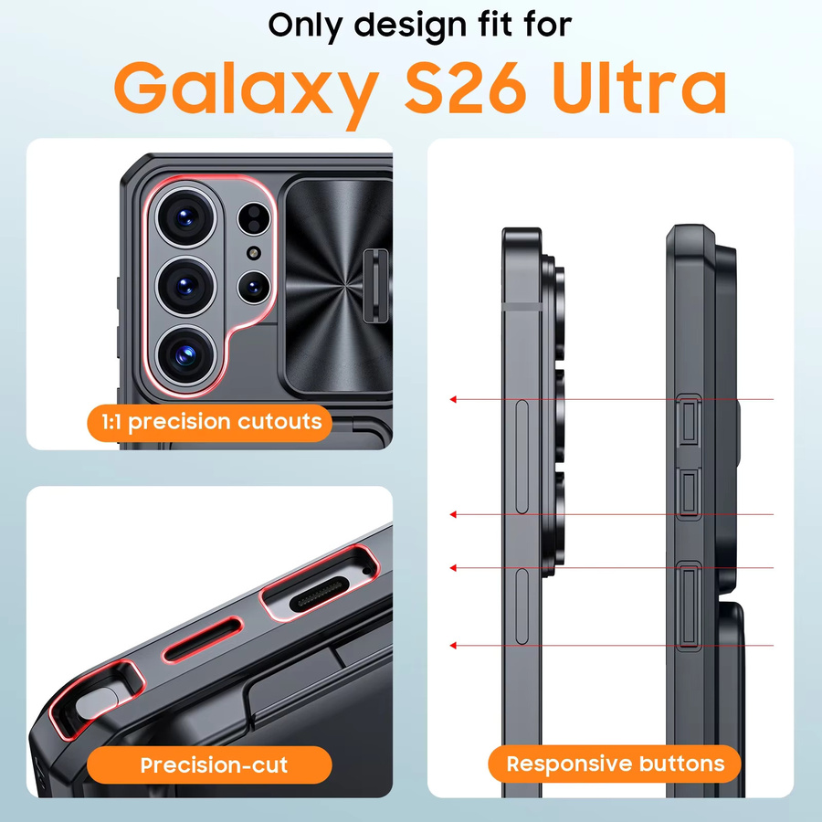 Stoßfeste Handyhülle für Samsung Galaxy S26 Ultra von BANGZAO mit Kamerahalterung und vollständiger Abdeckung aus TPU in Schwarz oder Orange - Bild 2