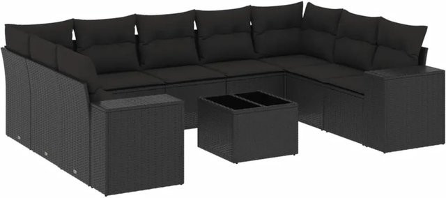 vidaXL 10-tlg. Garten-Sofagarnitur in L-Form aus Poly-Rattan mit Kissen in Schwarz - Bild 1