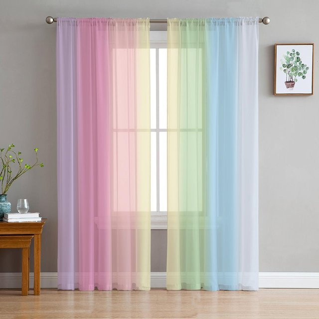 Transparenter Voile-Vorhang mit Regenbogenstreifen-Print, bunter Tüll-Fensterbehang für Wohnzimmer und Balkon, Breite: 100 cm, Höhe: 250 cm - Bild 1