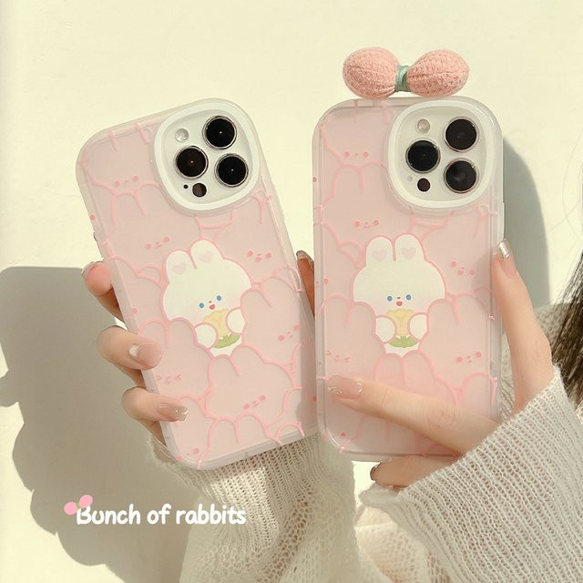 MUQGEW Handyhülle mit Cartoon-Kaninchen und 3D-Schleife für iPhone, stoßfest, Farbe: Pink - Bild 1